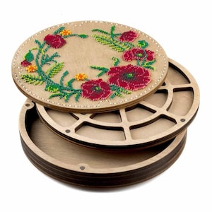 Kit de broderie de perles bricolage « Coquelicots », plateau organisateur de perles en bois avec couvercle en bois, étui de rangement pour perles de rocaille, boîte à perles, outils pour perles