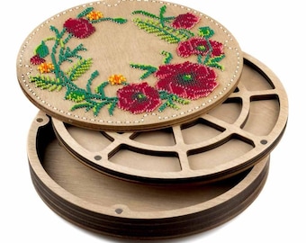 "DIY Perlenstickerei ""Mohnblumen"" , Holz Perlenaufbewahrungsbehälter mit Holzdeckel, Aufbewahrungsbehälter für Perlen, Perlenbox, Perlenwerkzeug."