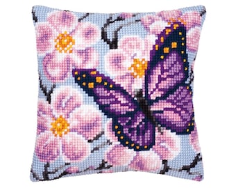 Kit de cojín de punto de cruz "Mariposa morada" / Kit de bordado / Decoración del hogar