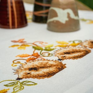 DIY Printed Tablecloth kit "Hedgehogs and autumn leaves", Printed Cross Stitch Kit, Embroidery table decor kit