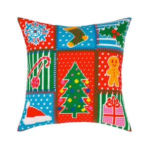 DIY Needlepoint Pillow Kit "Patchwork" | Tapestry Cushion, Tent Stitch Embroidery Kit, Needlecraft Pillow, Printed Canvas 16x16 in, 40x40 cm