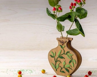 DIY Bead Embroidery on wood kit "Beaded leaves", Flower vase , beading embroidery, bead stitching wood decor, Wooden beaded kit, Beadwork