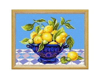 DIY Cross Stitch Kit "Lemons in a vase" with Printed Tapestry Canvas, 9.4"x12.6" / 24х32 cm, Needlepoint Kit, Embroidery kit, Stitchery kit
