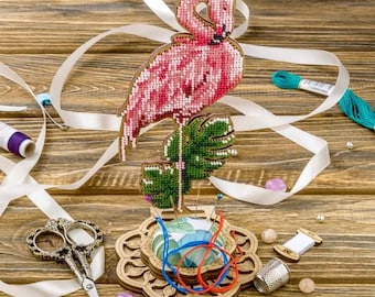 DIY Needle Cushion Kit &quot;Flamingo&quot;, Needle Minder, Beaded Embroidery on Wood, bead stitching wood decor