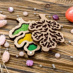 Opbergvak voor houten kralen met houten deksel "Eikenblad", opbergdoos rocailles, kralendoos, kralengereedschap