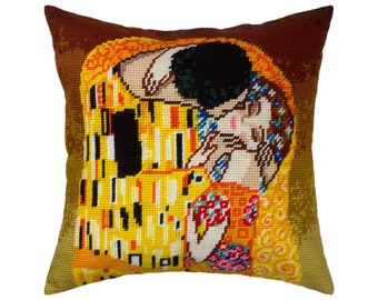 DIY Needlepoint Pillow Kit "The Kiss", Tapestry cushion kit, Half Cross Stitch Kit, Embroidery kit, size 16"x16" (40x40 cm), Printed Canvas