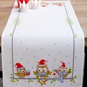 DIY Aida Table Runner kit &quot;Christmas Owls&quot;, Counted Cross Stitch Kit, Embroidery table decor kit