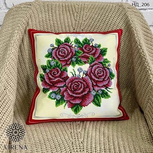 DIY Bead embroidery pillowcase kit &quot;Wreath of roses&quot;, Cushion cover kit, Needlepoint beading kit, Home decor