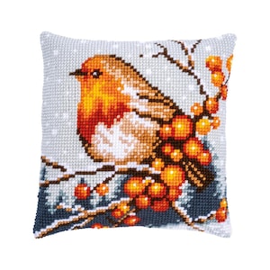 DIY Cross Stitch Cushion Kit &quot;Robin&quot; | Needlepoint Pillow Kit | Embroidery kit | Home decor