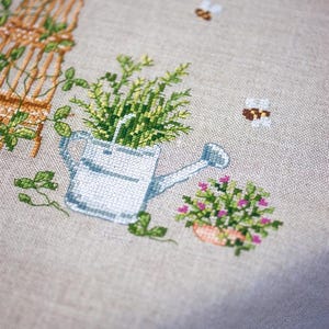 DIY Printed Tablecloth kit "Garden equipment", Printed Cross Stitch Kit, Embroidery table decor kit