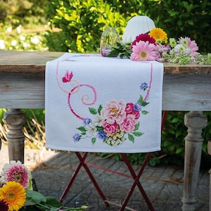 DIY Aida Table Runner kit &quot;Classic flowers bouquet&quot;, Counted Cross Stitch Kit, Embroidery table decor kit