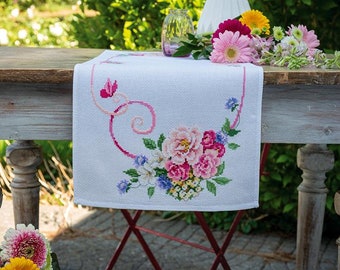 DIY Aida Table Runner kit "Classic flowers bouquet", Counted Cross Stitch Kit, Embroidery table decor kit