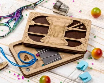 Box for handicraft "Spool of thread", Needlework holder, Wood bead organizer tray with wooden lid, Seed bead storage container, Pin Cushion
