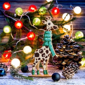 DIY Christmas tree toy kit  "Christmas giraffe", Embroidery on wood, Christmas decoration, Christmas beaded figurines.