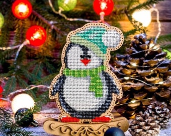 DIY Christmas toy kit  "Penguin", Xmas tree beading embroidery, bead stitching wood decor