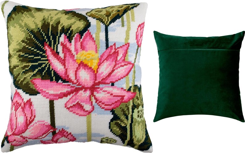 DIY Needlepoint Pillow Kit Lotus, Tapestry cushion kit, Half Cross Stitch Kit, Embroidery kit, size 16x16 40x40 cm, Printed Canvas image 6