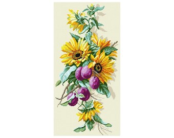 DIY Printed Tapestry kit "Sunflowers and Plums" 15.0x30.3 in / 38x77 cm, Needlepoint Kit, Embroidery kit, Printed Canvas