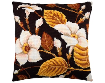 DIY Needlepoint Pillow Kit "Magnolia", Tapestry cushion kit, Half Cross Stitch Kit, Embroidery kit, size 16"x16" (40x40 cm), Printed Canvas