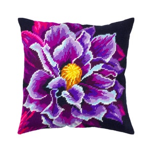 DIY Needlepoint Pillow Kit "Clematis", Tapestry cushion kit, Half Cross Stitch Kit, Embroidery kit, size 16"x16" (40x40 cm), Printed Canvas