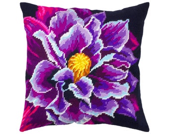 DIY Needlepoint Pillow Kit "Clematis", Tapestry cushion kit, Half Cross Stitch Kit, Embroidery kit, size 16"x16" (40x40 cm), Printed Canvas