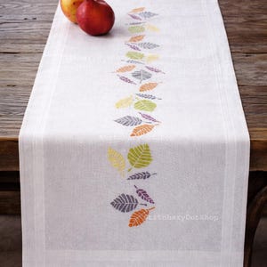 DIY Printed Table Runner kit "Colourful Leaves", Printed Cross Stitch Kit, Embroidery table decor kit