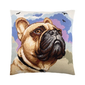 DIY Needlepoint Pillow Kit "French Bulldog", Tapestry cushion kit, Half Cross Stitch Kit, Embroidery kit, size 16"x16" (40x40 cm), Printed