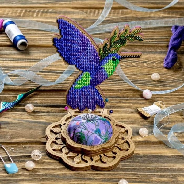 DIY needle cushion kit "Hummingbird", needle minder, beading embroidery, bead stitching wood decor