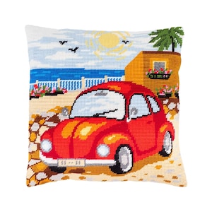 DIY Needlepoint Pillow Kit "Promenade des Anglais" | Tapestry Cushion, Tent Stitch Embroidery Kit, Needlecraft Pillow, Printed Canvas 16x16