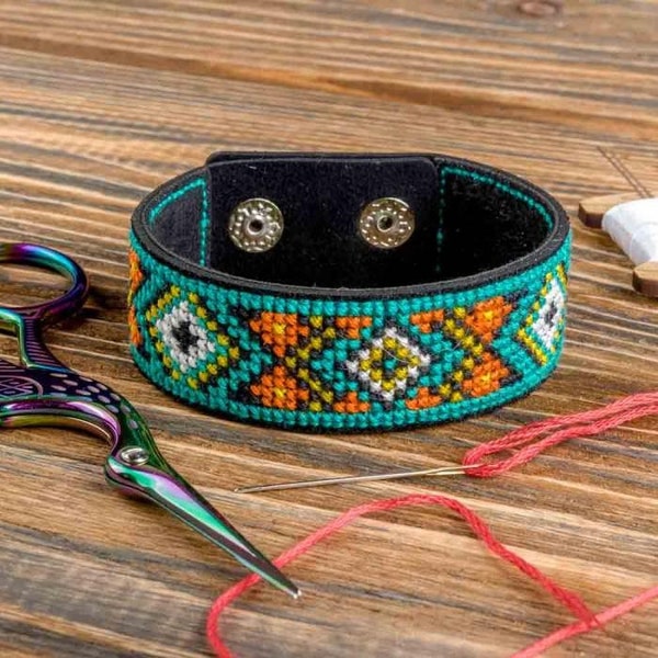 Cross-stitch kits on leather "Ethnic ornament", DIY Bracelet embroidery set, Bracelet making kit, Jewelry Making kit,