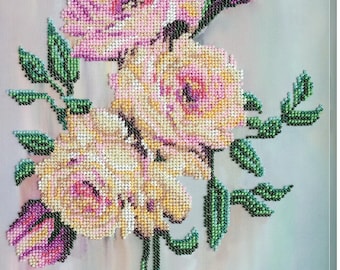 Bead Embroidery Kit "Gentle roses" | DIY Beadwork Kit for Adults on Printed Canvas, Preciosa Beads