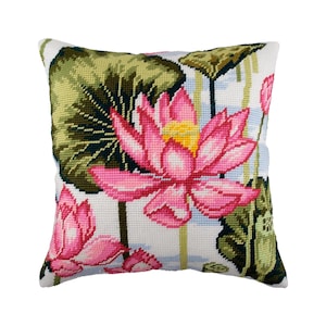 DIY Needlepoint Pillow Kit Lotus, Tapestry cushion kit, Half Cross Stitch Kit, Embroidery kit, size 16x16 40x40 cm, Printed Canvas image 1