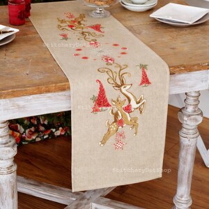 Kit de camino de mesa Aida "Renos Saltarines", kit de punto de cruz, kit de decoración de mesa con bordado