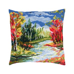 DIY Needlepoint Pillow Kit "Rubies of Autumn" | Tapestry Cushion, Tent Stitch Embroidery Kit, Needlecraft Pillow, Printed Canvas 16x16 in
