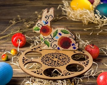 DIY Easter Egg Stand Kit "Rabbit with red flowers", Bead Embroidery on Wood Kit, bead stitching, wood decor