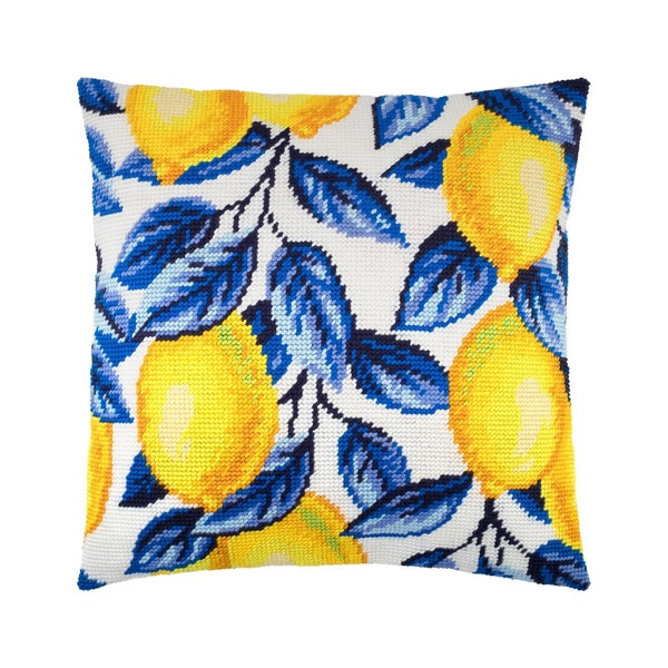 DIY Needlepoint Pillow Kit "Lemons", Tapestry cushion kit, Half Cross Stitch Kit, Embroidery kit, size 16"x16" (40x40 cm), Printed Canvas