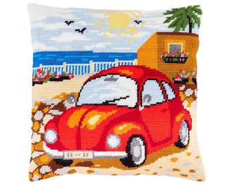 DIY Needlepoint Pillow Kit "Promenade des Anglais", Tapestry cushion kit, Half Cross Stitch Kit, Embroidery kit, size 16"x16" (40x40 cm),