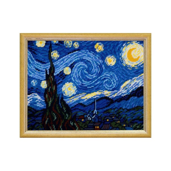 Kit de tapiz impreso DIY "La noche estrellada, V. van Gogh" 14,2x18,5 in / 36x47 cm, kit de punto de aguja, kit de bordado, lienzo impreso