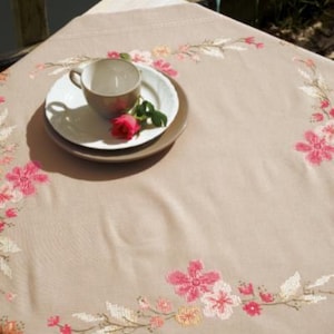 DIY Printed Tablecloth kit "Pink Flowers", Printed Cross Stitch Kit, Embroidery table decor kit