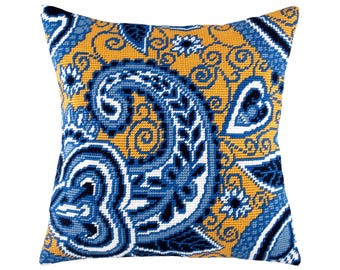 DIY Stickkissen Kit ""Azurblau und Gold"" | Gobelin Kissen, Stickstickerei Kissen, Stickpackung, Bedruckte Leinwand 40 x 40 cm