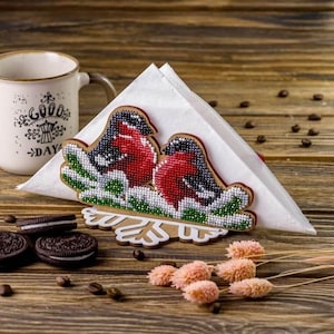 Kit porta tovaglioli fai da te "Ciuffolotti", kit ricamo con perline, punto perline, kit artigianato con perline, decorazioni in legno