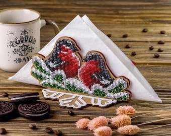 DIY napkin holder kit "Bullfinches", beading embroidery kit, bead stitching, beadwork craft kit, wood decor