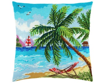 DIY Needlepoint Pillow Kit "Seychelles", Tapestry cushion kit, Half Cross Stitch Kit, Embroidery kit, size 16"x16" (40x40 cm), Printed