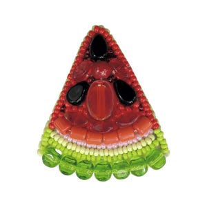 May include: A watermelon slice made of red, green, and pink beads. The watermelon slice has black seed beads.