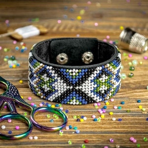 DIY Beaded Bracelet Kit DIY | Bead embroidery kit | Bracelet on leather kit | Beaded bracelet kit | Jewelry making kit | Stunning Handmade