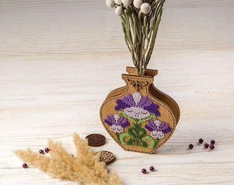 DIY Bead Embroidery on wood kit "Purple flowers", Flower vase , beading embroidery, bead stitching wood decor, Wooden beaded kit, Beadwork