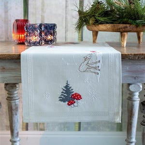 DIY Printed Table Runner kit &quot;Winter Christmas landscape&quot;, Printed Cross Stitch Kit, Embroidery table decor kit