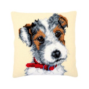 DIY Cross Stitch Cushion Kit &quot;Dog with red collar&quot; | Needlepoint Pillow Kit | Embroidery kit | Home decor