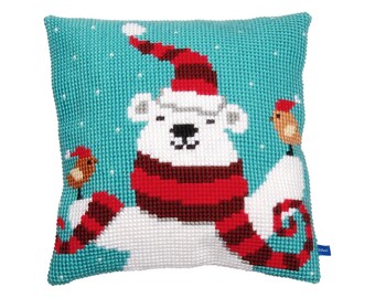 DIY Cross Stitch Cushion Kit "Happy christmas bear", Needlepoint Pillow Kit, Embroidery kit, 16"x16"