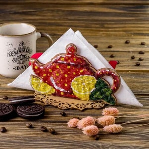 Kit porta tovaglioli fai da te "Tè al limone", kit ricamo con perline, punto perline, kit artigianato con perline, decorazioni in legno