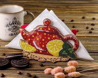 DIY napkin holder kit "Tea with lemon", beading embroidery kit, bead stitching, beadwork craft kit, wood decor